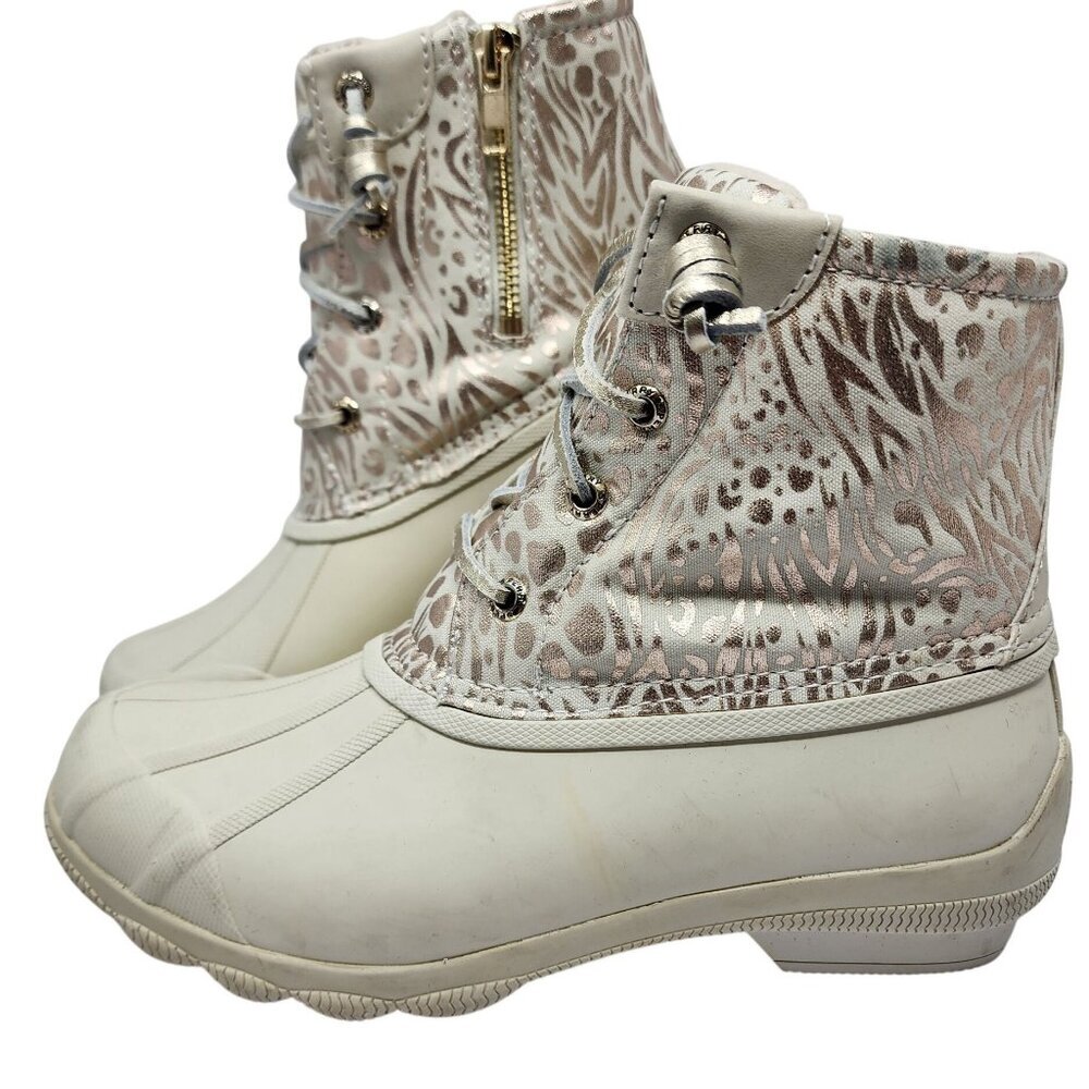 Sperry  Waterproof Beige & White Pattern Textile Upper Rubber Boots Womens 6M